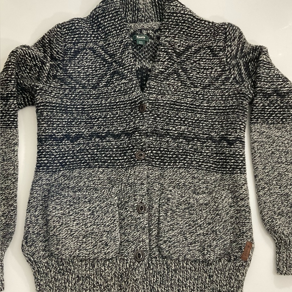 Roots Women’s Black Gray Wool blend Patterned Cardigan Size Small